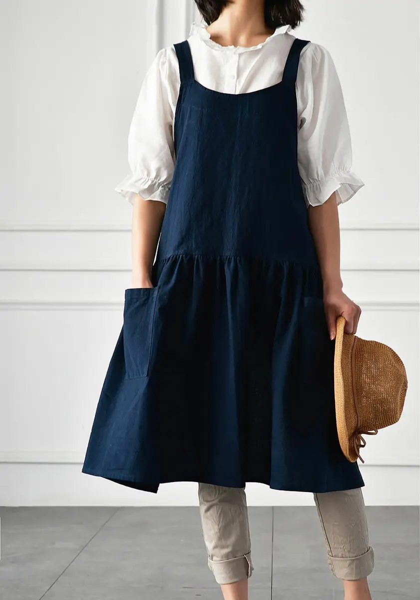 NEWGEM Japanese Cotton Cross Back Pinafore Apron for Women with Pockets Navy | Breathable Linen Blend - view 2