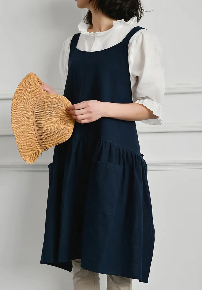 NEWGEM Japanese Cotton Cross Back Pinafore Apron for Women with Pockets Navy | Breathable Linen Blend - view 3