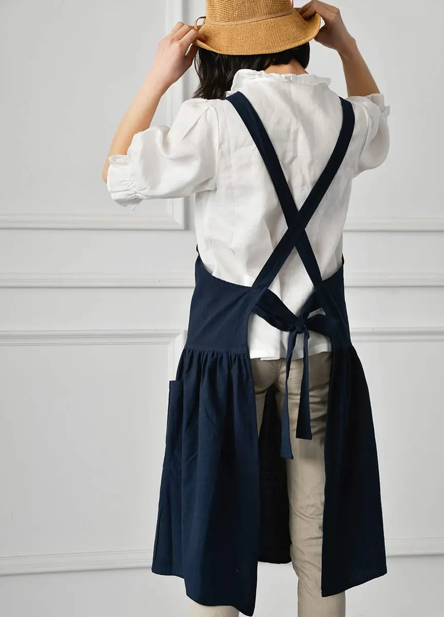 NEWGEM Japanese Cotton Cross Back Pinafore Apron for Women with Pockets Navy | Breathable Linen Blend - view 4