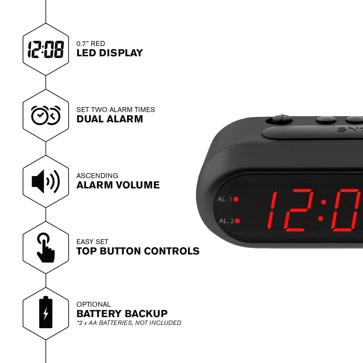 Sharp Digital Alarm Clock for Heavy Sleepers, Dual Alarm, Red LED, Black | Ascending Loud Alarm - view 2