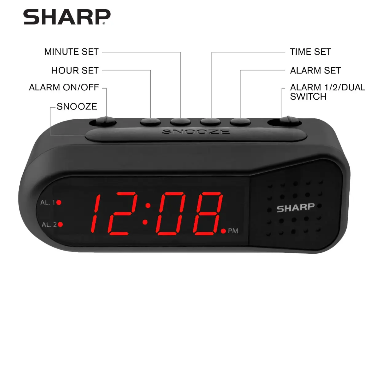Sharp Digital Alarm Clock for Heavy Sleepers, Dual Alarm, Red LED, Black | Ascending Loud Alarm - view 3