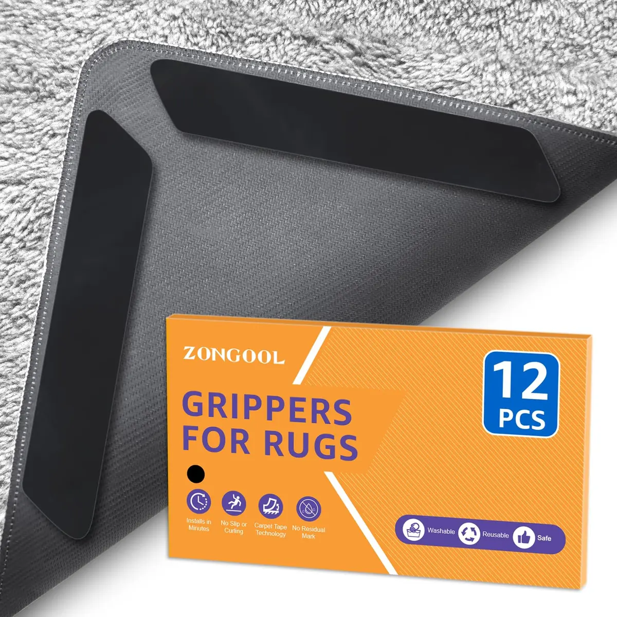 ZONGOOL 12PCS Rug Tape Grippers | Non-Slip & Anti-Curl for All Floors - main product image