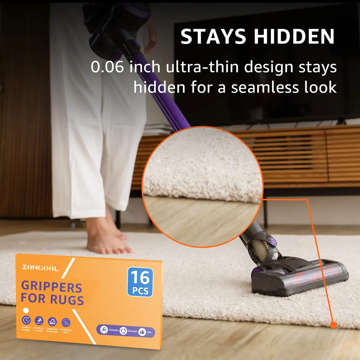 ZONGOOL 16PCS Rug Tape Non Slip Rug Pad Grippers Double Sided Carpet Tape | Secures Rugs on All Floors - view 5