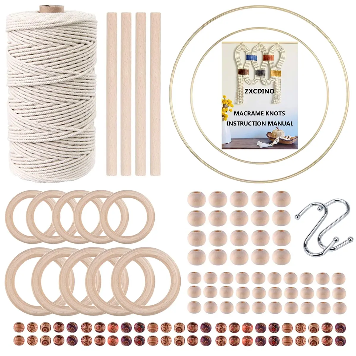 ZXCDINO 119pcs Macrame Kits for Starter 3mm x 109Yards Natural Cotton Macrame Cord with Wooden Beads & Rings - main product image