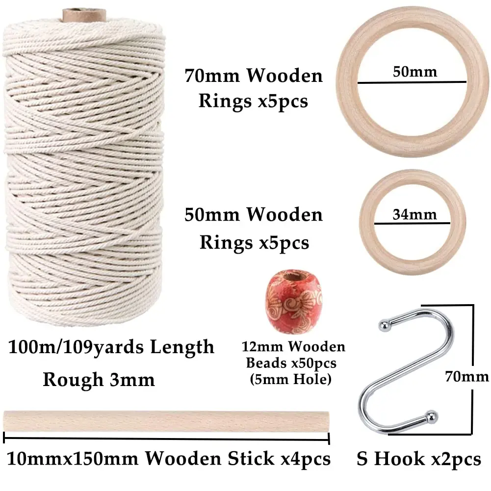 ZXCDINO 119pcs Macrame Kits for Starter 3mm x 109Yards Natural Cotton Macrame Cord with Wooden Beads & Rings - view 2