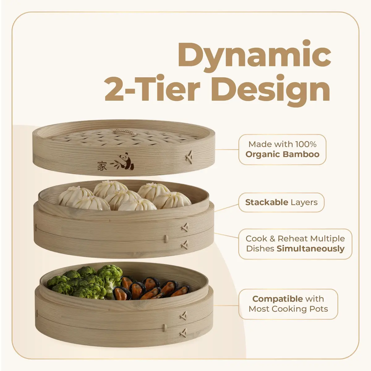 Prime Home Direct Bamboo Steamer Basket 30 cm (12 Inch) 2-Tier with Lid, 50 Liners, Chopsticks & Sauce Dish | Authentic Asian Steaming for Home Cooks - view 4