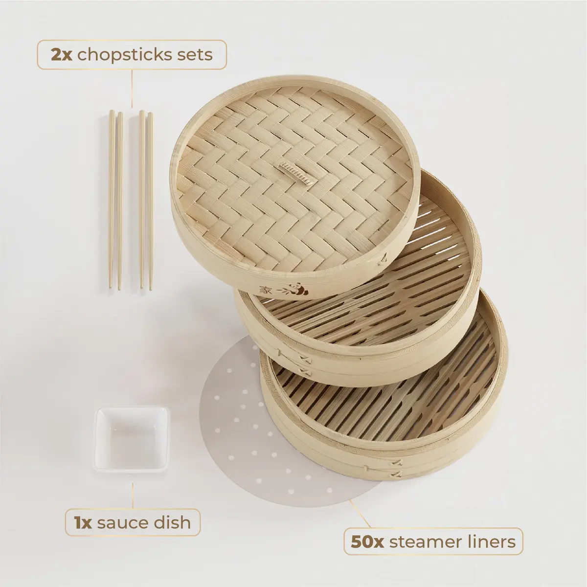 Prime Home Direct Bamboo Steamer Basket 30 cm (12 Inch) 2-Tier with Lid, 50 Liners, Chopsticks & Sauce Dish | Authentic Asian Steaming for Home Cooks - view 6