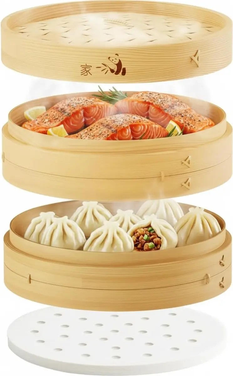 Prime Home Direct Bamboo Steamer Basket 30 cm (12 Inch) 2-Tier with Lid, 50 Liners, Chopsticks & Sauce Dish | Authentic Asian Steaming for Home Cooks - main product image
