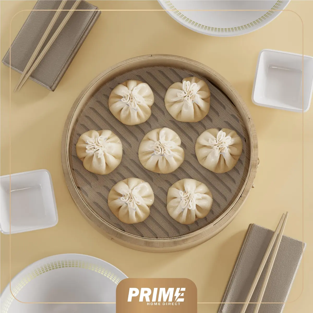 Prime Home Direct Bamboo Steamer Basket 30 cm (12 Inch) 2-Tier with Lid, 50 Liners, Chopsticks & Sauce Dish | Authentic Asian Steaming for Home Cooks - view 7