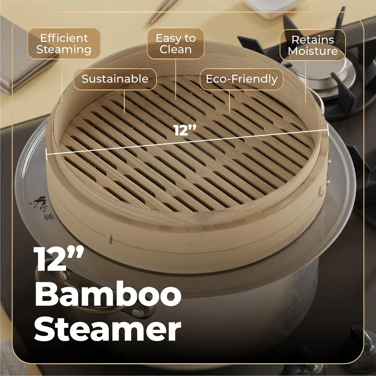 Prime Home Direct Bamboo Steamer Basket 30 cm (12 Inch) 2-Tier with Lid, 50 Liners, Chopsticks & Sauce Dish | Authentic Asian Steaming for Home Cooks - view 3