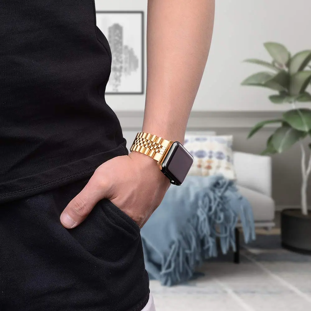 baozai Compatible with Apple Watch 42mm 41mm 40mm 38mm | Stainless Steel Band with Butterfly Clasp for Women, Gold - view 5