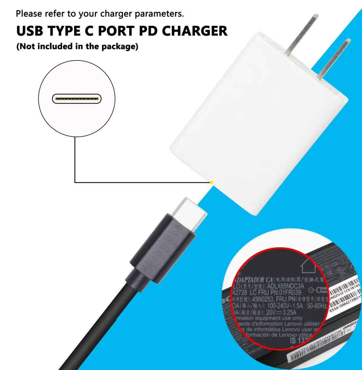 CERRXIAN 15cm 65W PD USB Type C Female to Slim Tip Power Cable for Lenovo L Series & Yoga (0.43ft, 65W) - view 3