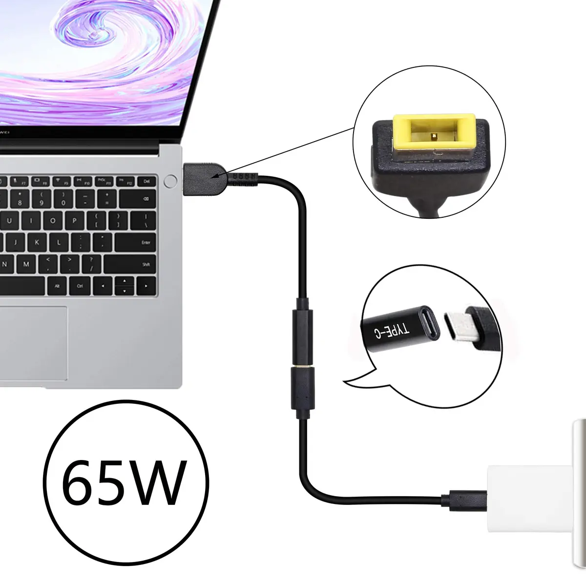CERRXIAN 15cm 65W PD USB Type C Female to Slim Tip Power Cable for Lenovo L Series & Yoga (0.43ft, 65W) - view 4