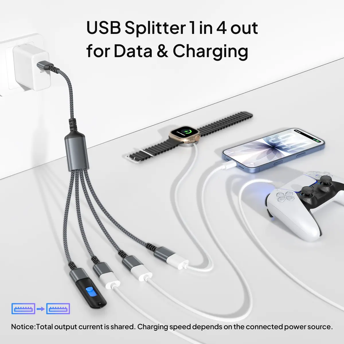 Elebase 4-Port USB-A Splitter Y Cable 0.3m (1ft) | Connect 4 Peripherals Instantly - view 2