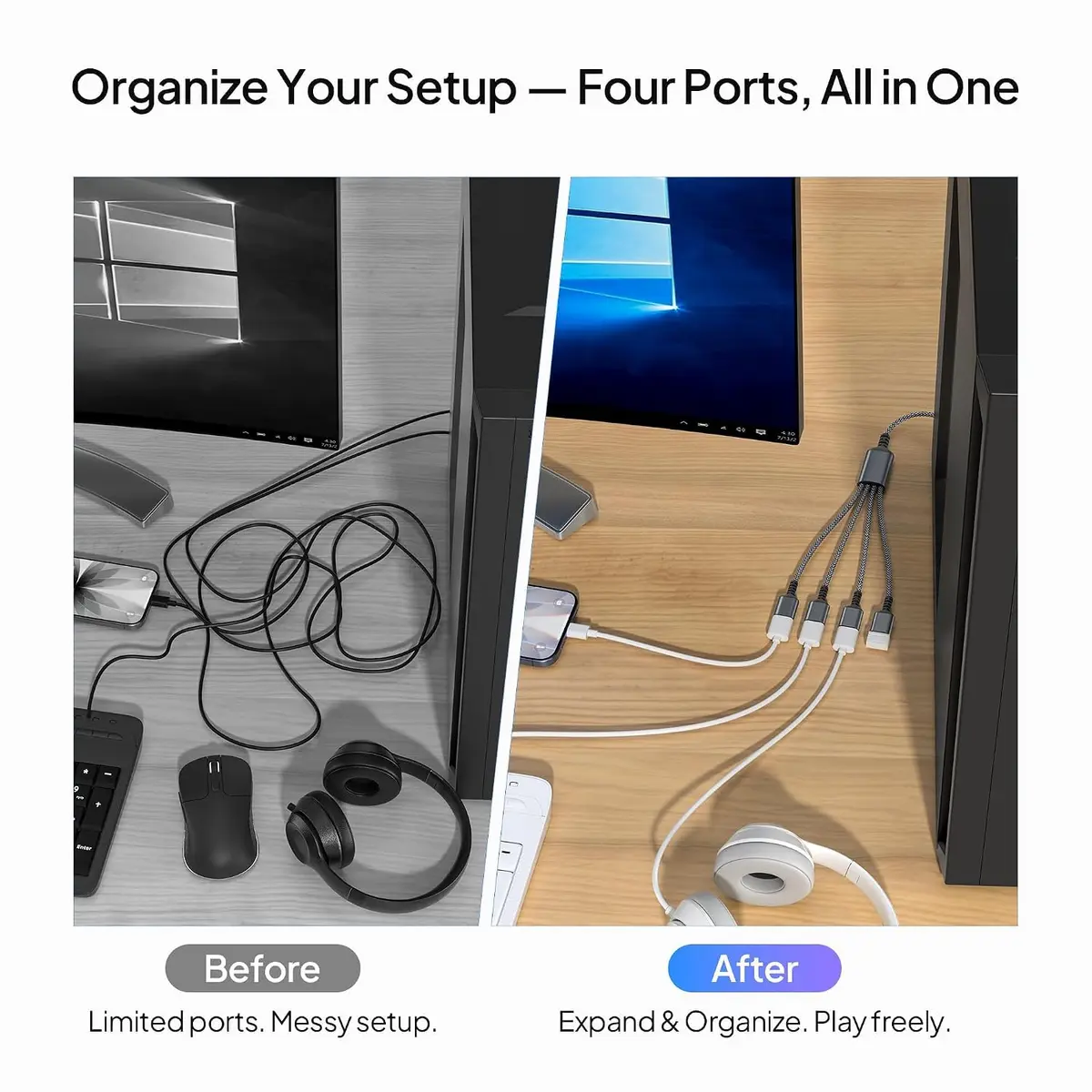 Elebase 4-Port USB-A Splitter Y Cable 0.3m (1ft) | Connect 4 Peripherals Instantly - view 4