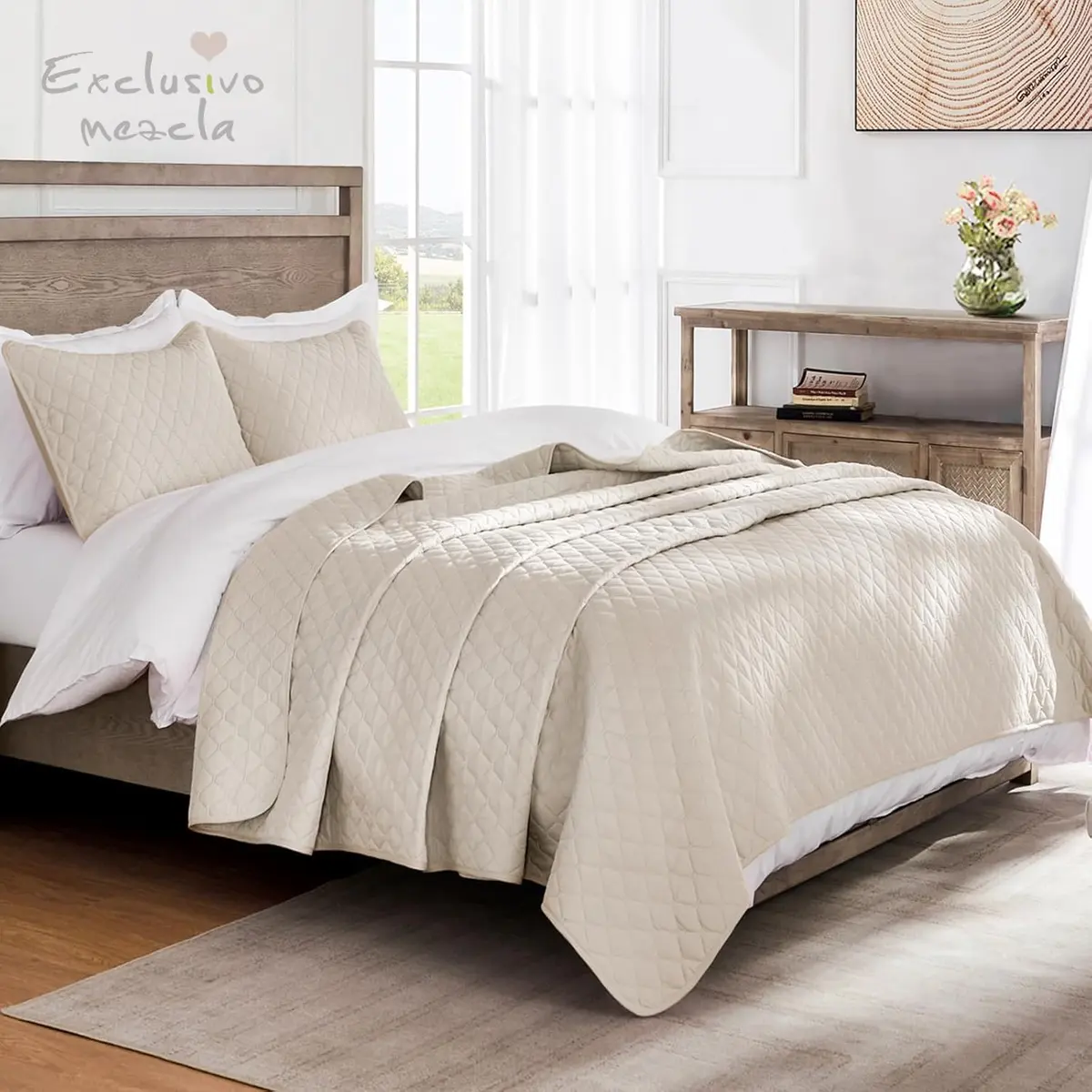 Exclusivo Mezcla Reversible Full Queen Quilt Bedding Set Beige Cream | Lightweight Breathable All-Season Bed Coverlet - view 2