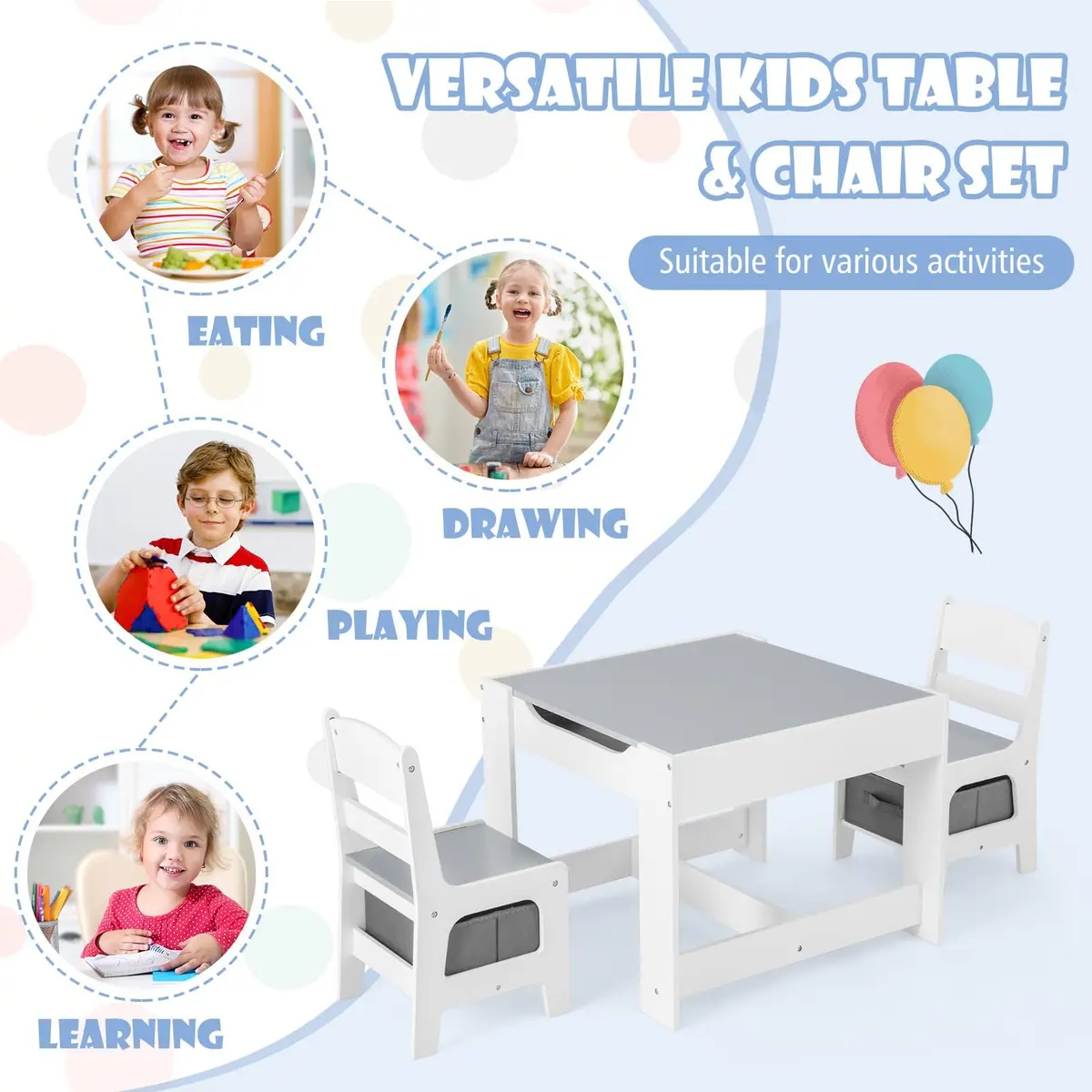 HONEY JOY Kids Table and Chairs Set 24.5x24.5x19 inches | Reversible Tabletop with Storage for Toddlers 3-7 - view 8