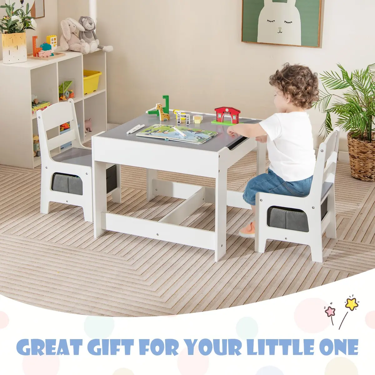 HONEY JOY Kids Table and Chairs Set 24.5x24.5x19 inches | Reversible Tabletop with Storage for Toddlers 3-7 - view 9