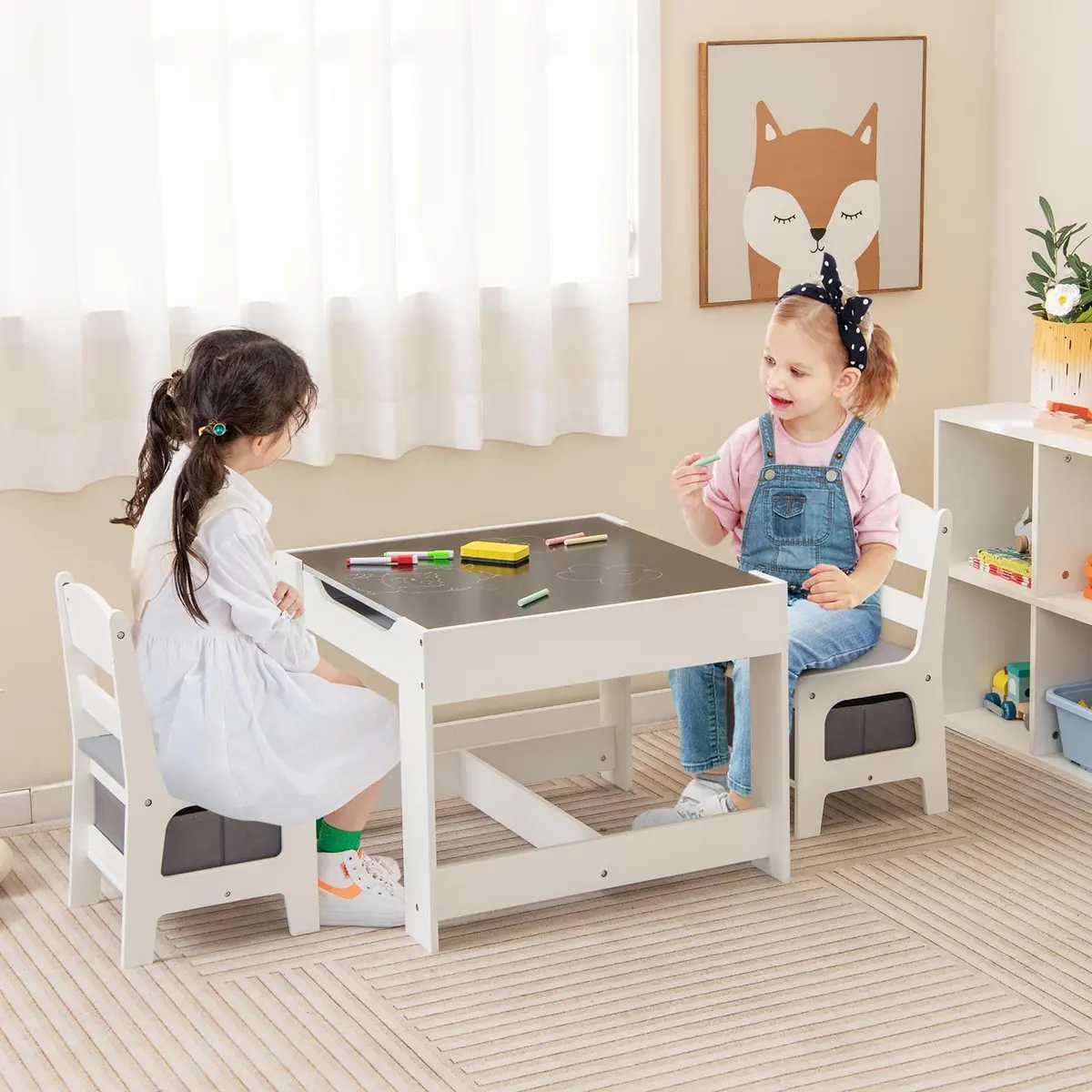 HONEY JOY Kids Table and Chairs Set 24.5x24.5x19 inches | Reversible Tabletop with Storage for Toddlers 3-7 - view 2