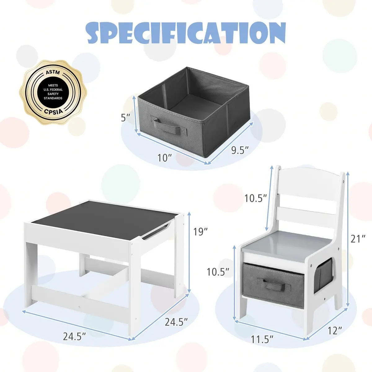 HONEY JOY Kids Table and Chairs Set 24.5x24.5x19 inches | Reversible Tabletop with Storage for Toddlers 3-7 - view 3