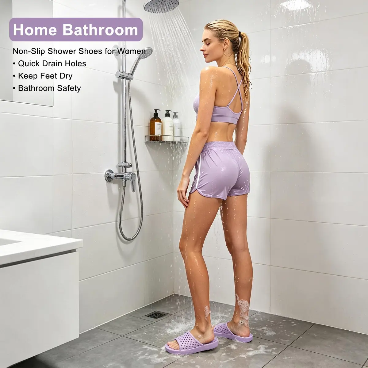 Aoowoll Shower Shoes for Women Non Slip Slides Bath Slippers, Purple EU40 | Quick-Dry & Anti-Slip Wet Floor Slides - view 6