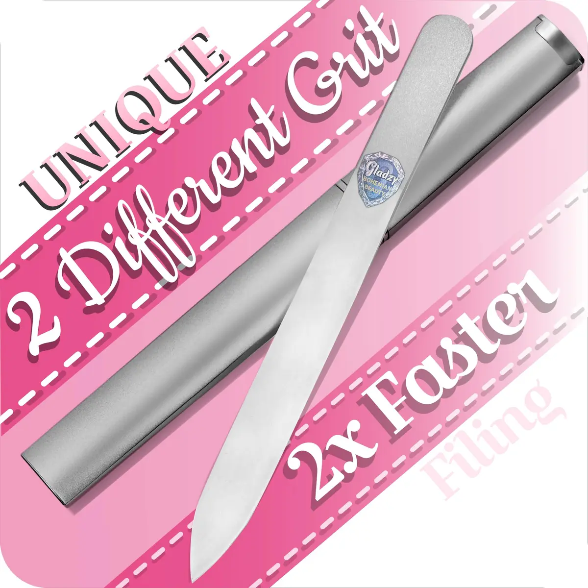 Gladzy Czech Glass Nail File with Case – Double Sided Crystal Nail File for Natural Nails, Dual Grit Coarse & Smooth Sides, Etched Bohemian Glass Manicure Tool, Professional Care, Ethically Made in EU - main product image