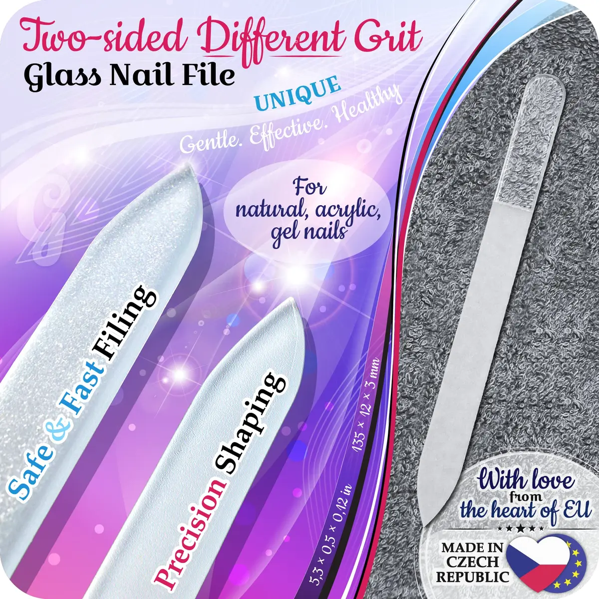 Gladzy Czech Glass Nail File with Case – Double Sided Crystal Nail File for Natural Nails, Dual Grit Coarse & Smooth Sides, Etched Bohemian Glass Manicure Tool, Professional Care, Ethically Made in EU - view 3