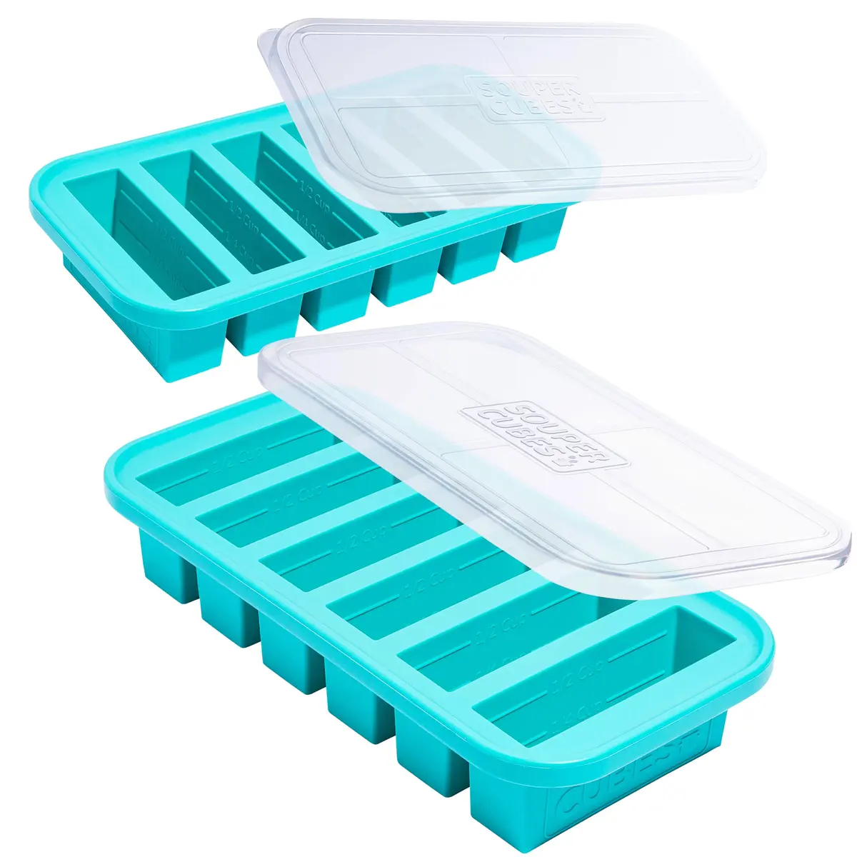 Souper Cubes 1/2 Cup Silicone Freezer Molds with Lids Aqua 2-Pack | Easy Meal Prep & Portion Control - main product image