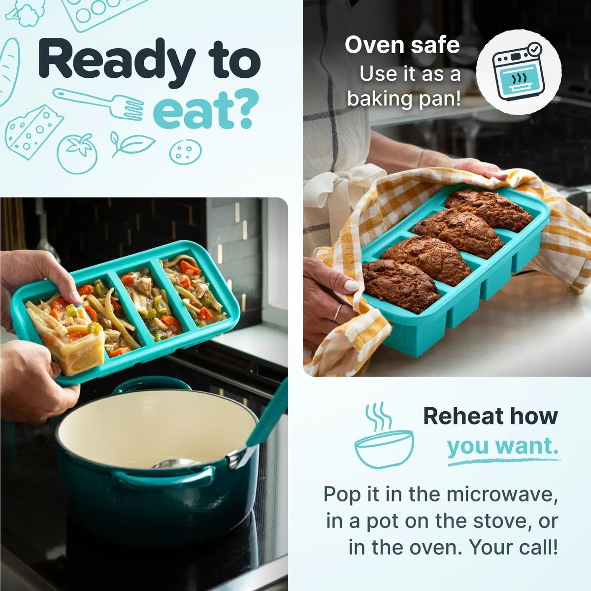 Souper Cubes 1/2 Cup Silicone Freezer Molds with Lids Aqua 2-Pack | Easy Meal Prep & Portion Control - view 5