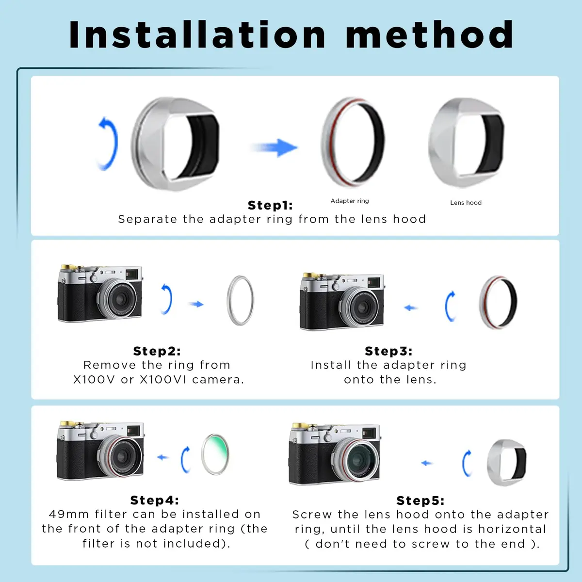 Haoge LH-X54W Square Metal Lens Hood with 49mm Adapter Ring for Fujifilm X100VI Fuji X100V Camera Silver | Blocks stray light, protects lens - view 7