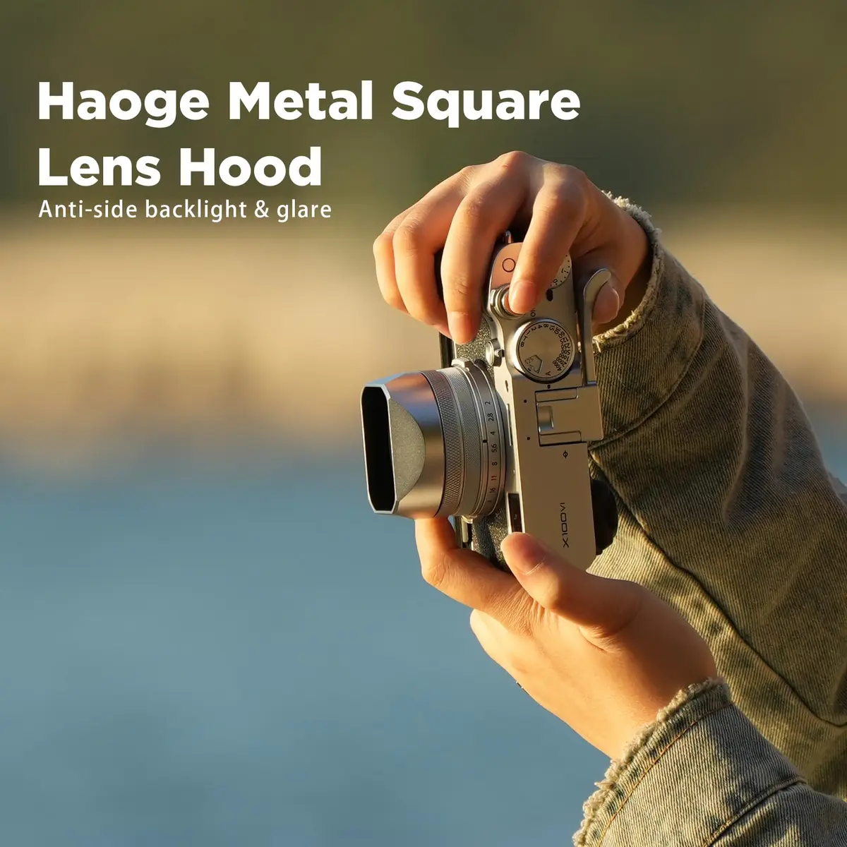 Haoge LH-X54W Square Metal Lens Hood with 49mm Adapter Ring for Fujifilm X100VI Fuji X100V Camera Silver | Blocks stray light, protects lens - view 2