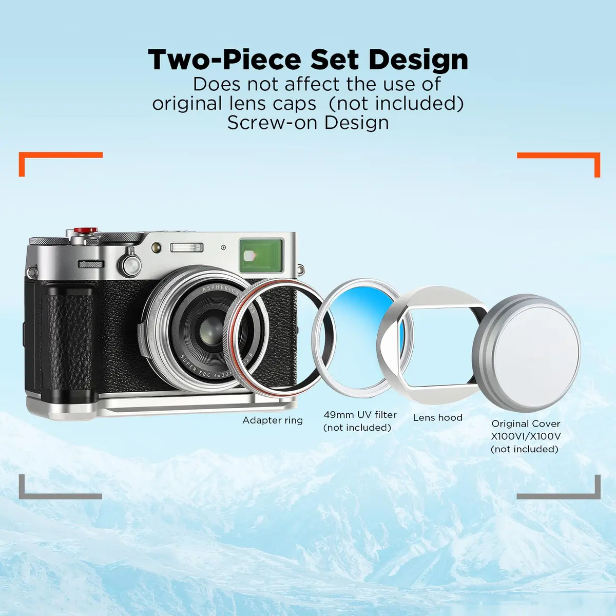 Haoge LH-X54W Square Metal Lens Hood with 49mm Adapter Ring for Fujifilm X100VI Fuji X100V Camera Silver | Blocks stray light, protects lens - view 3