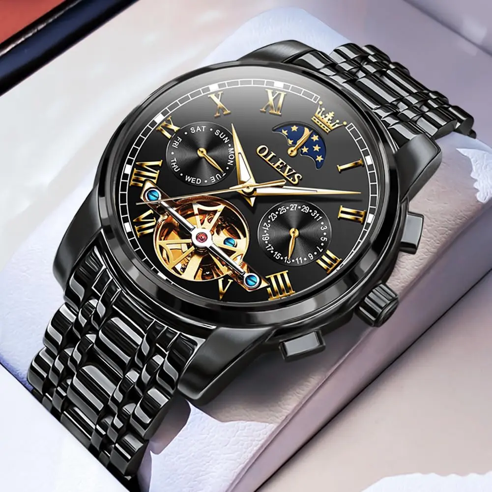 OLEVS Automatic Mechanical Skeleton Moon Phase Dress Watch 41mm (1.61 inches) | Black Stainless Steel - view 5