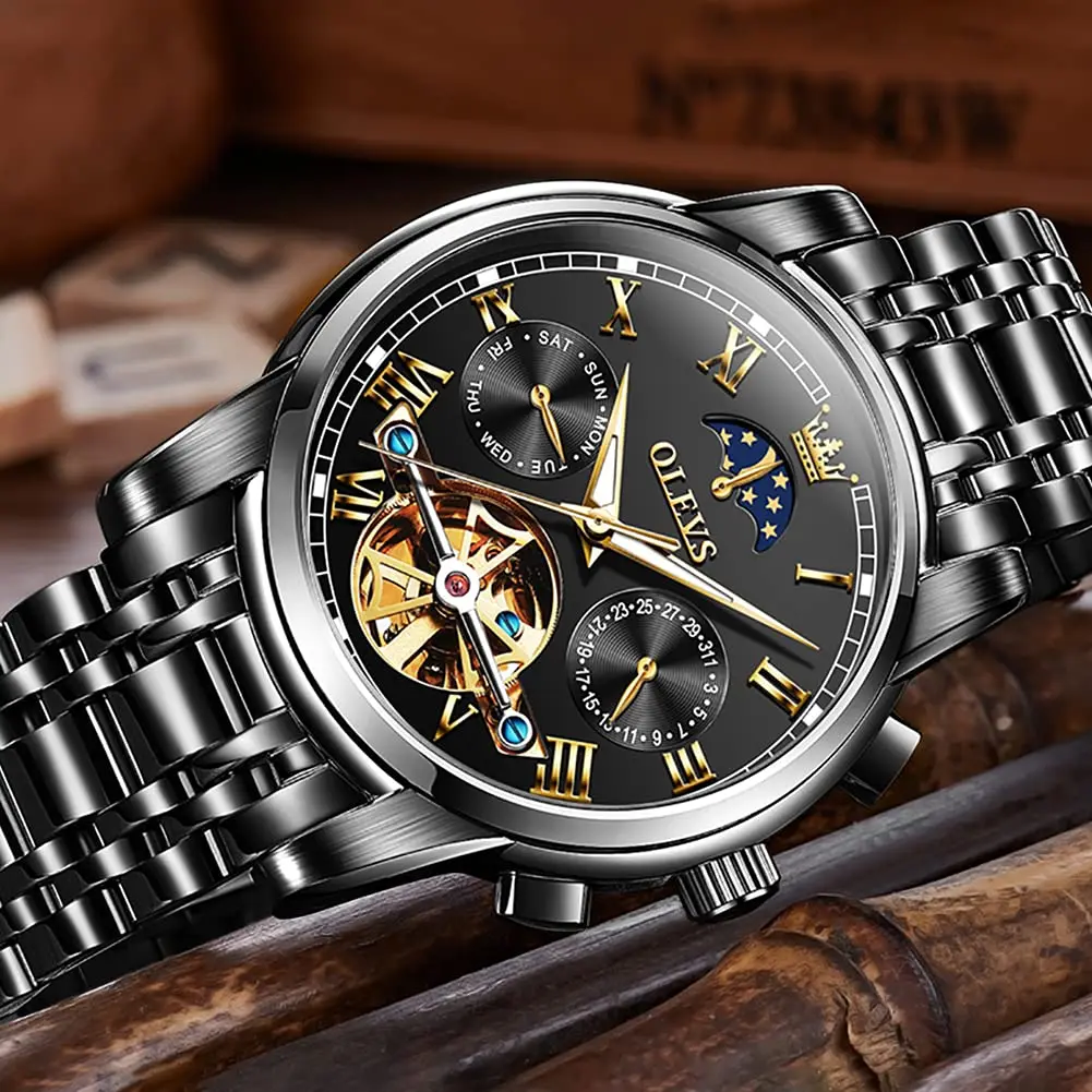 OLEVS Automatic Mechanical Skeleton Moon Phase Dress Watch 41mm (1.61 inches) | Black Stainless Steel - view 2