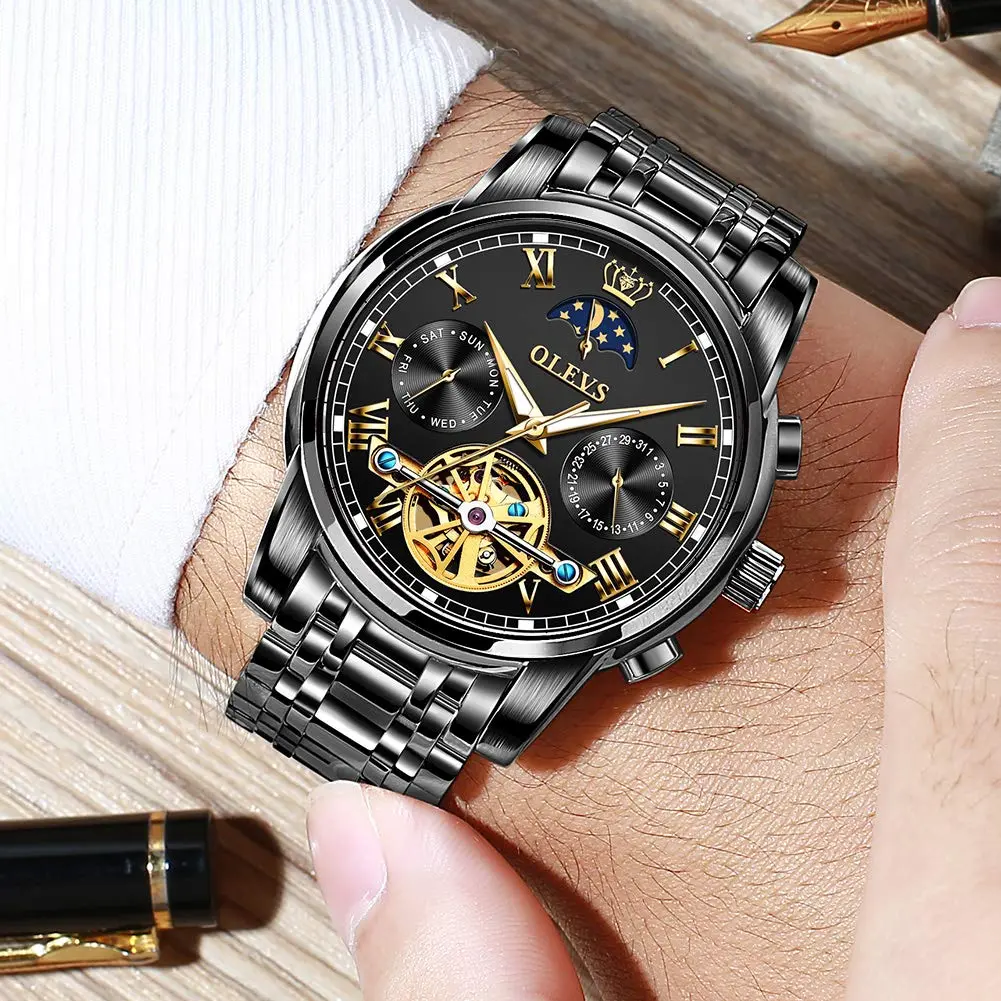 OLEVS Automatic Mechanical Skeleton Moon Phase Dress Watch 41mm (1.61 inches) | Black Stainless Steel - view 3