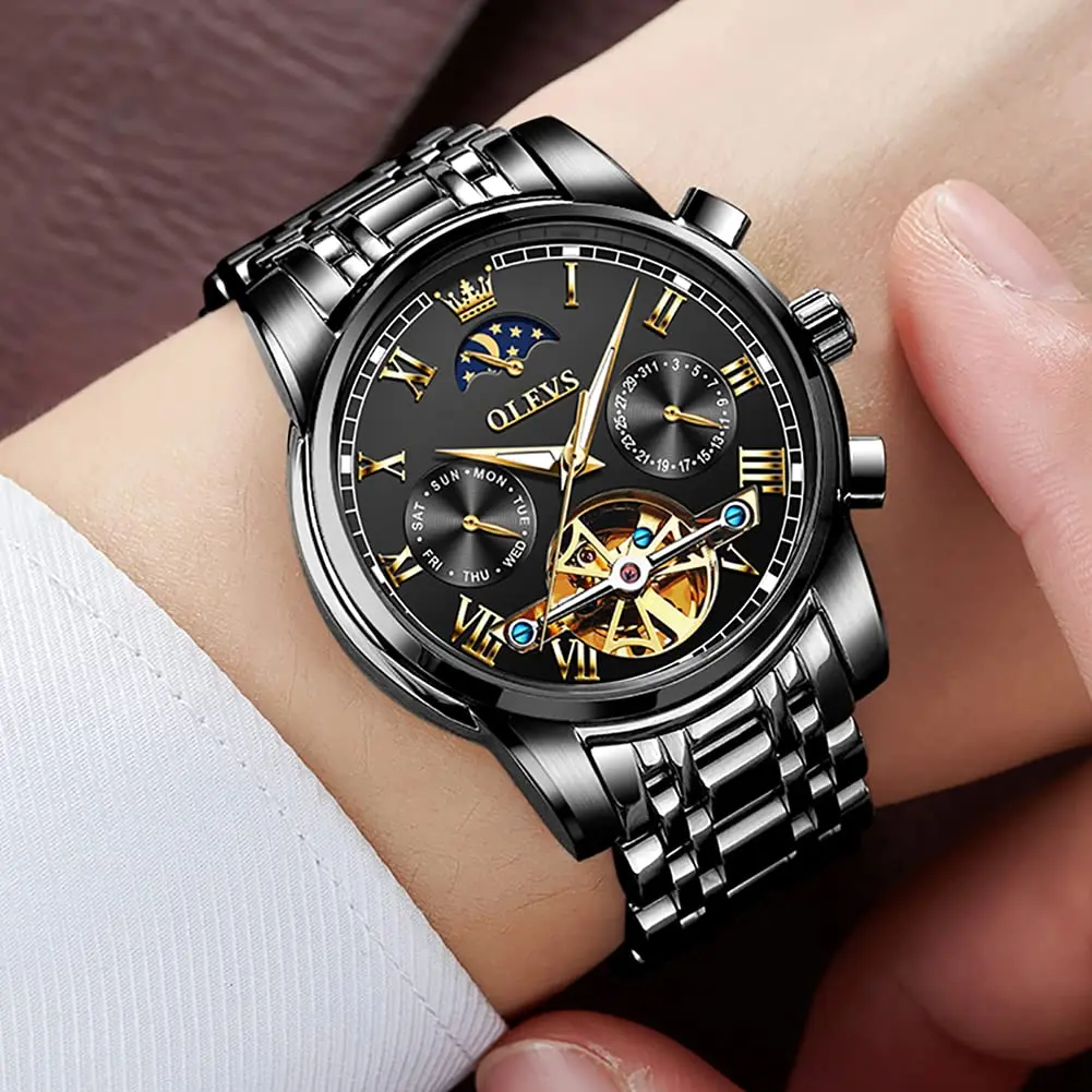OLEVS Automatic Mechanical Skeleton Moon Phase Dress Watch 41mm (1.61 inches) | Black Stainless Steel - view 4