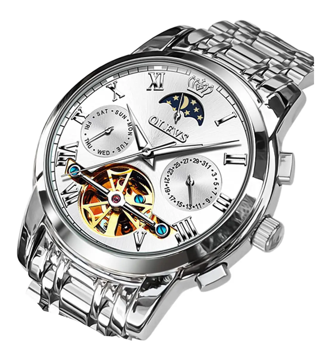 OLEVS Automatic Mechanical Skeleton Moon Phase Dress Watch 41mm (1.61 in) Silver Stainless Steel - main product image