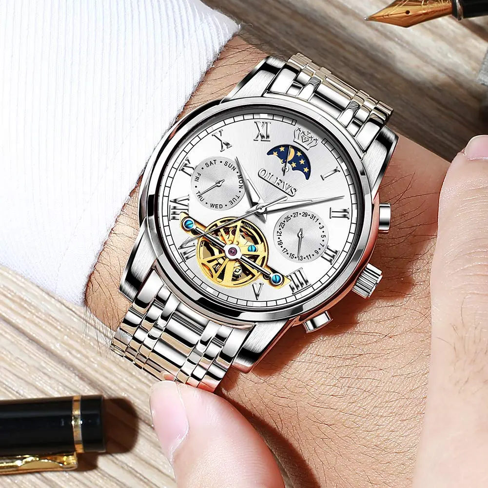 OLEVS Automatic Mechanical Skeleton Moon Phase Dress Watch 41mm (1.61 in) Silver Stainless Steel - view 5