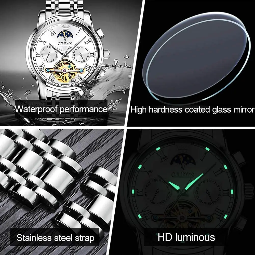 OLEVS Automatic Mechanical Skeleton Moon Phase Dress Watch 41mm (1.61 in) Silver Stainless Steel - view 6