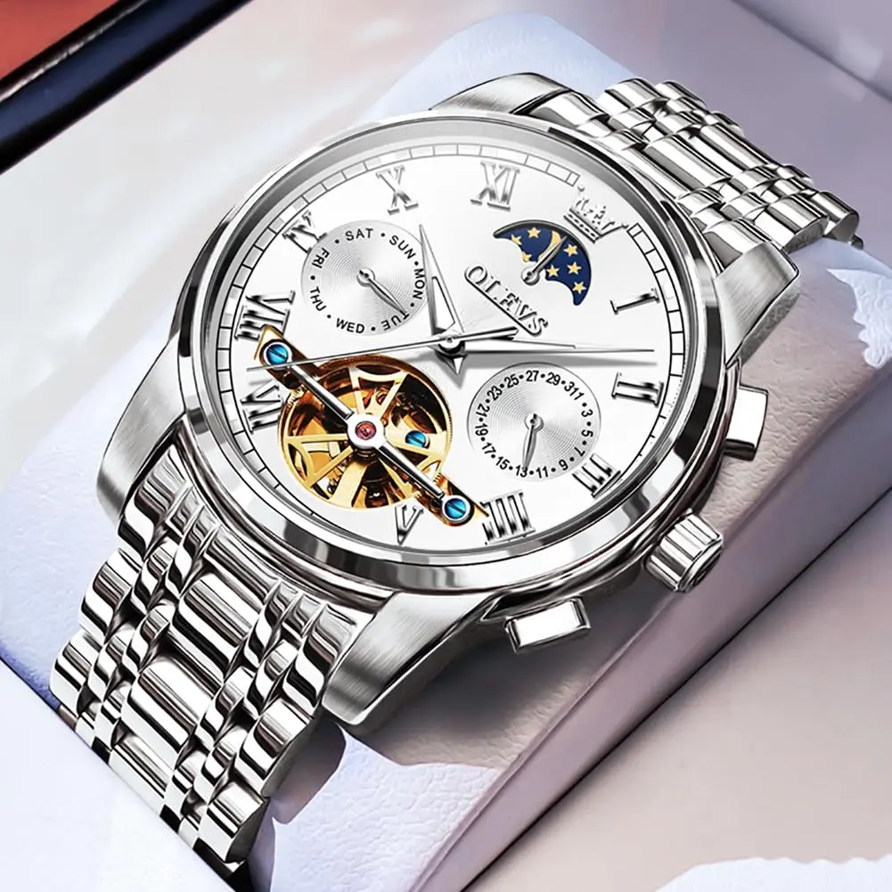 OLEVS Automatic Mechanical Skeleton Moon Phase Dress Watch 41mm (1.61 in) Silver Stainless Steel - view 2