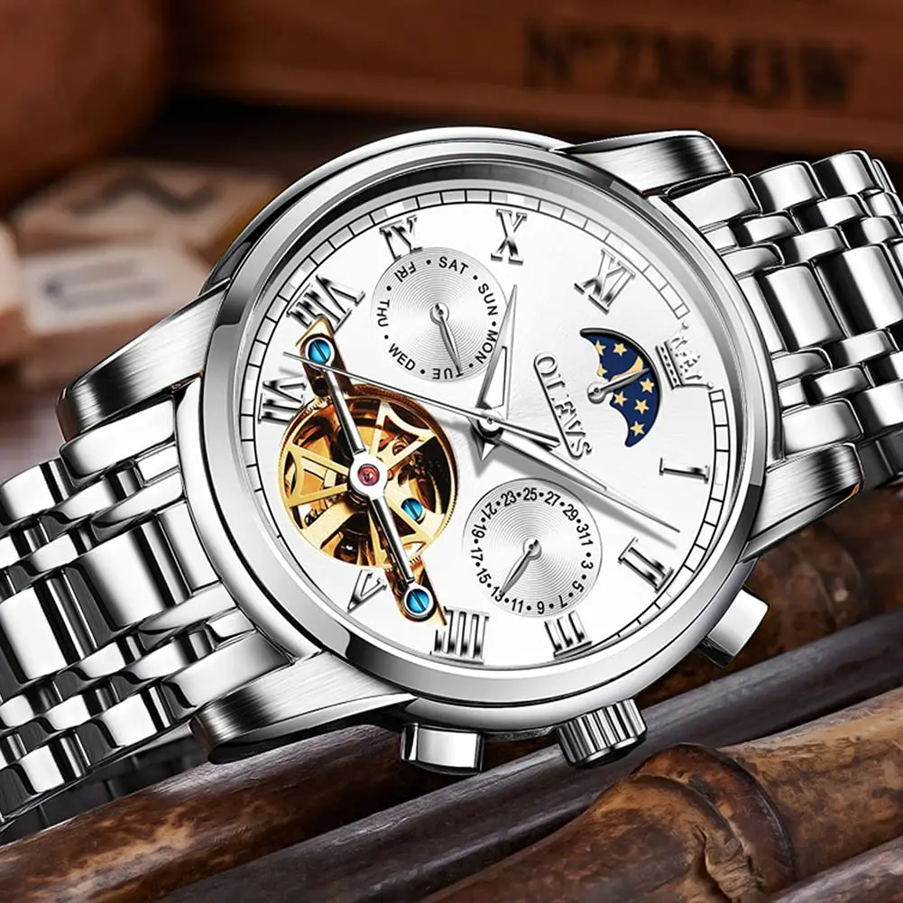 OLEVS Automatic Mechanical Skeleton Moon Phase Dress Watch 41mm (1.61 in) Silver Stainless Steel - view 3