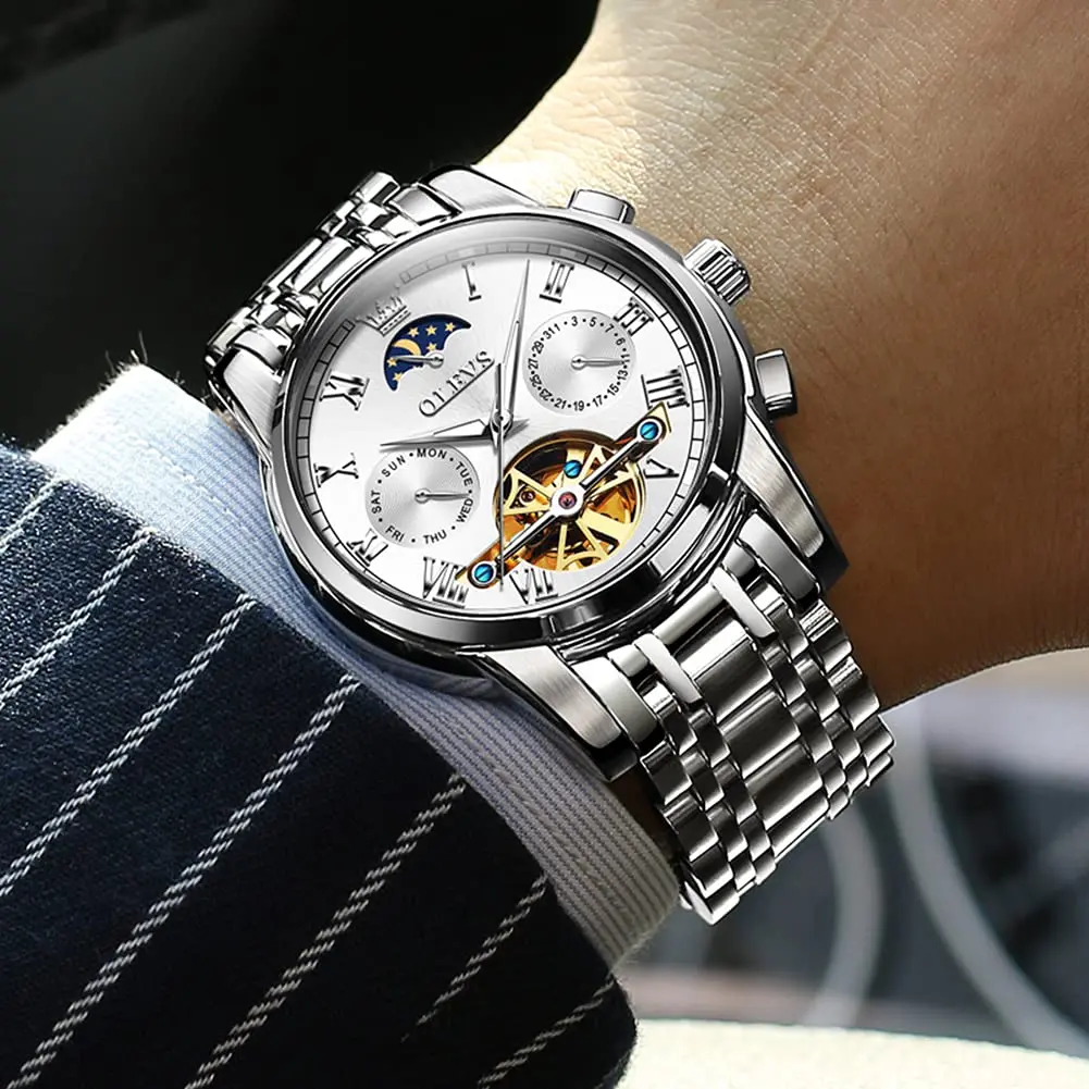 OLEVS Automatic Mechanical Skeleton Moon Phase Dress Watch 41mm (1.61 in) Silver Stainless Steel - view 4
