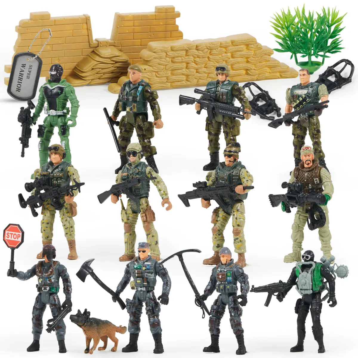 JOYIN Military Army Men Playset with 12 Realistic Action Figures & Accessories | 16 Pieces, Non-Toxic, 4-Inch Figures - main product image