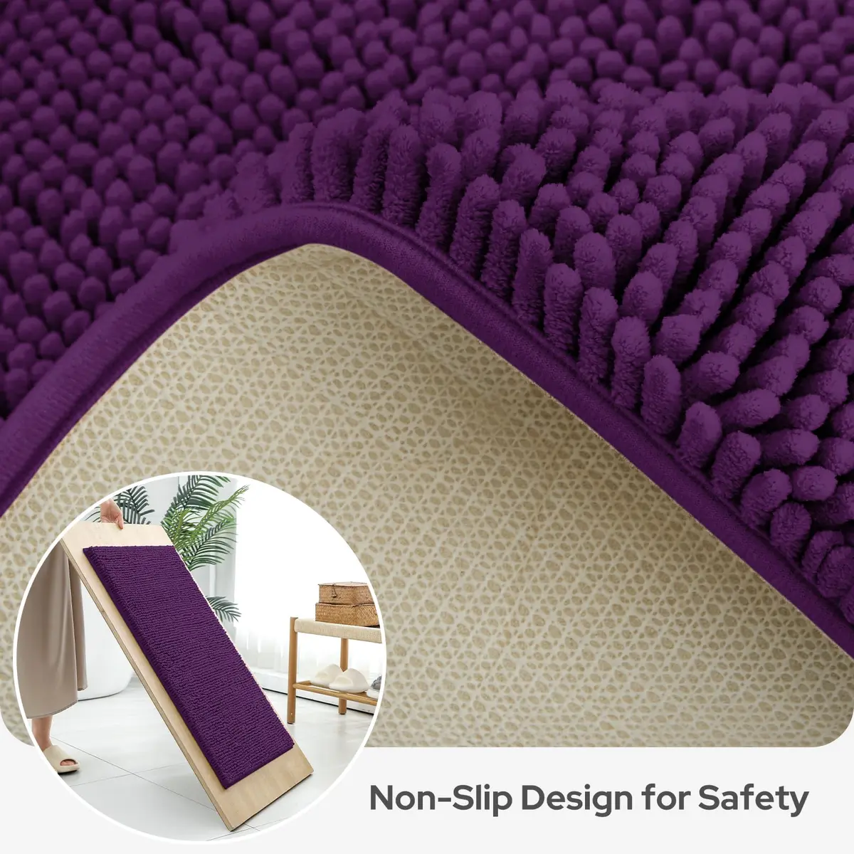 BYSURE Deep Purple Bathroom Rugs Sets 3 Piece Non Slip Plush Chenille Washable Bath Mats | Superior Absorbency & Safety - view 5