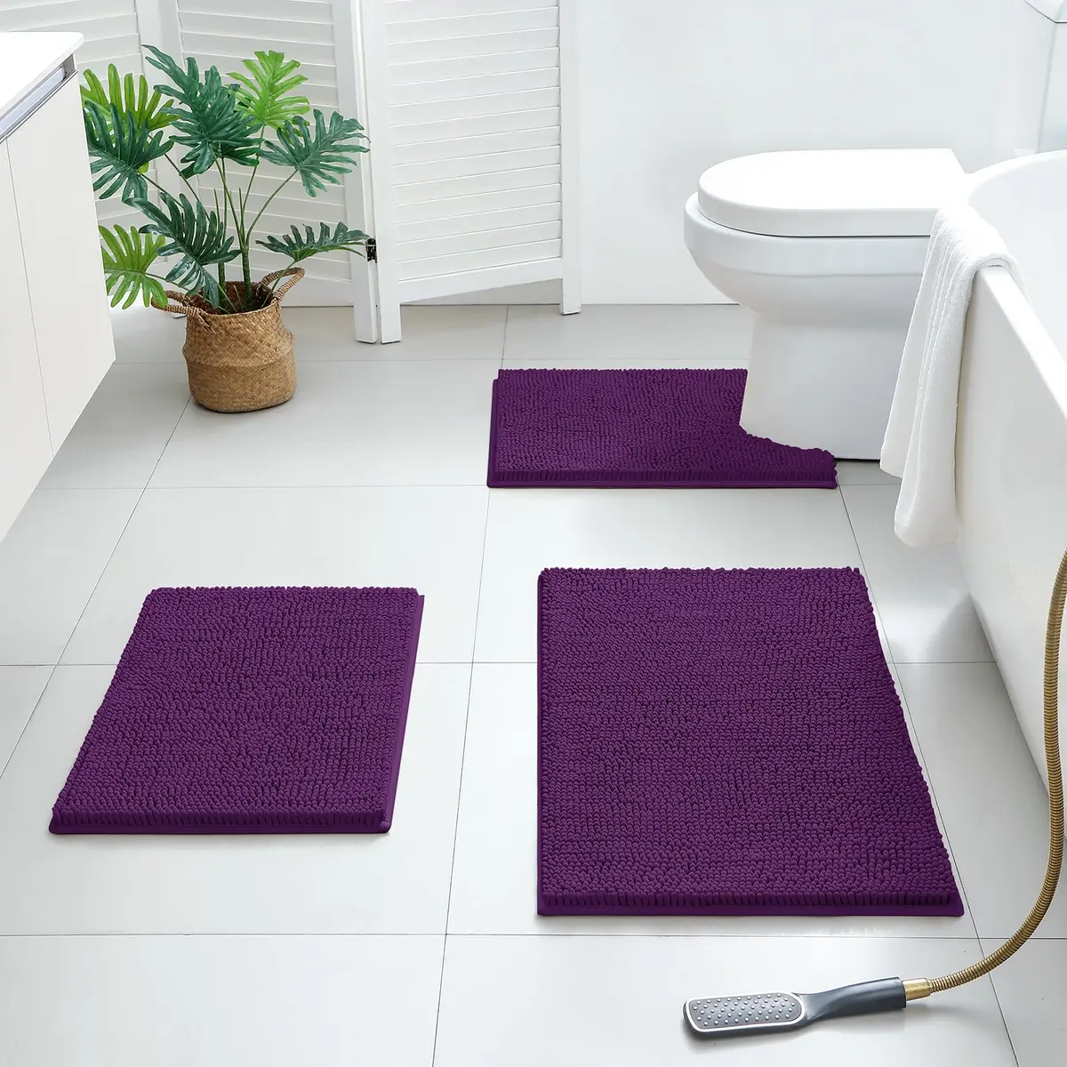 BYSURE Deep Purple Bathroom Rugs Sets 3 Piece Non Slip Plush Chenille Washable Bath Mats | Superior Absorbency & Safety - view 7