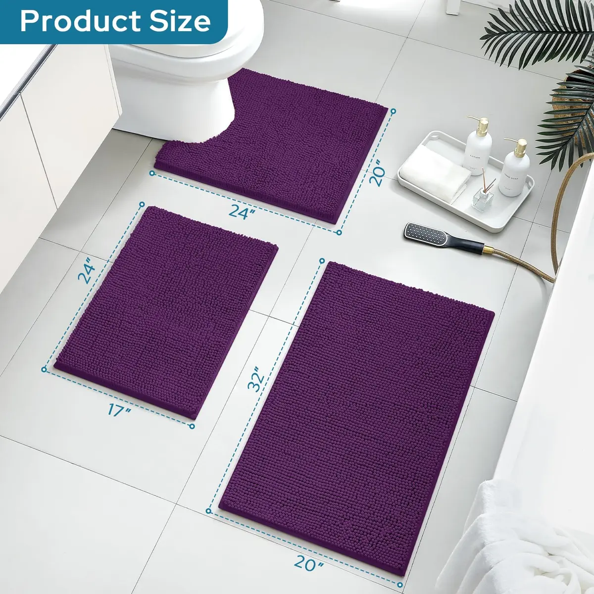 BYSURE Deep Purple Bathroom Rugs Sets 3 Piece Non Slip Plush Chenille Washable Bath Mats | Superior Absorbency & Safety - view 2