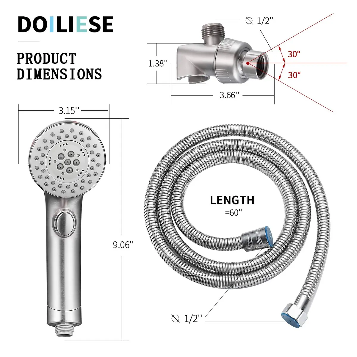 DOILIESE High Pressure Handheld Shower Head with 6 Settings & Pause Button - 1.8 GPM - Brushed Nickel | Modern Style - view 7