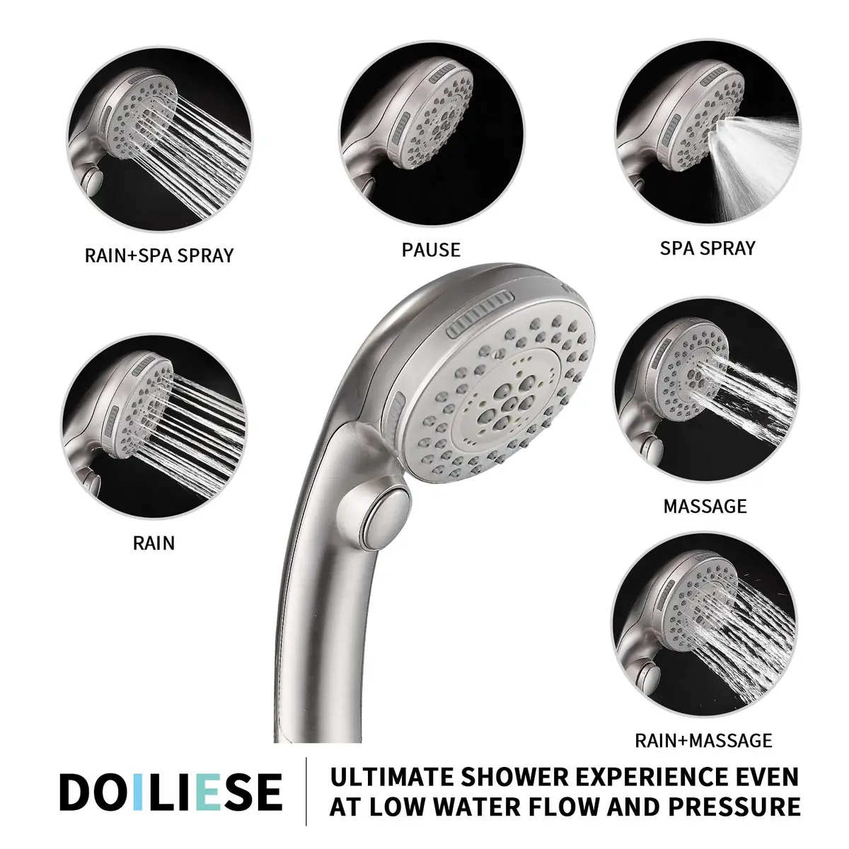 DOILIESE High Pressure Handheld Shower Head with 6 Settings & Pause Button - 1.8 GPM - Brushed Nickel | Modern Style - view 2