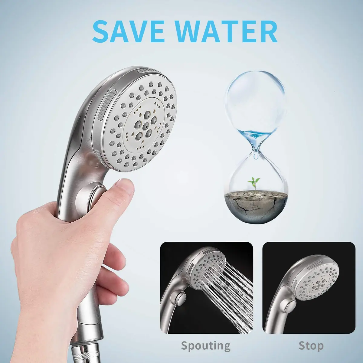 DOILIESE High Pressure Handheld Shower Head with 6 Settings & Pause Button - 1.8 GPM - Brushed Nickel | Modern Style - view 3