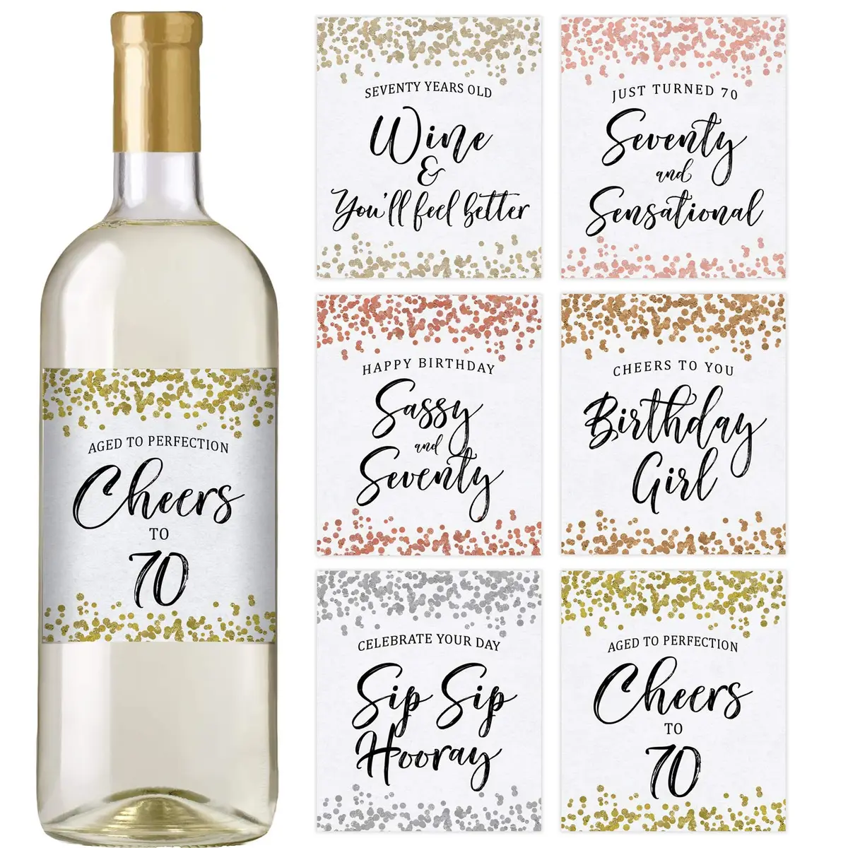 Printed Party 70th Birthday Wine Bottle Labels, Confetti Design, Set of 6 - main product image